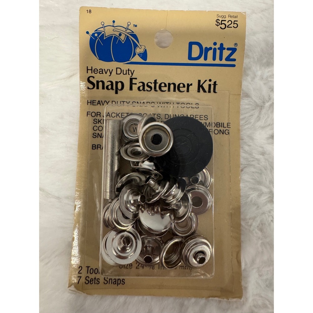Vintage 1985 Dritz Heavy Duty Snap Fastener Kit Size 24 5/8" Nickel 7 Sets